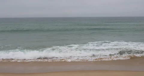 Gentle Ocean Wave Rolling onto Deserted Sandy Beach on Overcast Day Stock Footage 310664044