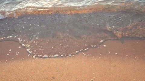 Gentle ocean wave washing onto a sandy beach at sunset. Stock Footage 337408430