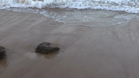 Gentle ocean waves and sea foam roll over the tropical Stock Footage 105058853