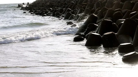 Gentle ocean waves crash against concrete tetrapods lining the coastline. Stock Footage 340951828
