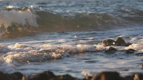 Gentle ocean waves roll toward small rocks along rocky coastline Stock Footage 337409154