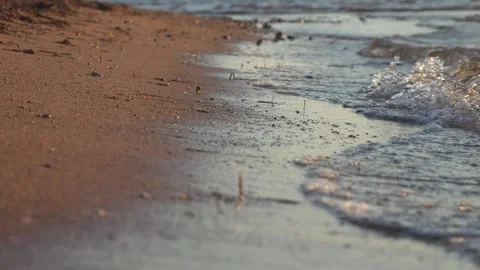 Gentle ocean waves washing softly onto wet golden sand beach Stock Footage 337410062