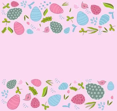 Gentle pink easter background with eggs and spring flowers Stock Illustration
