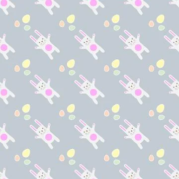 Gentle print Easter Seamless Pattern Funny cartoon bunny with eggs. Stock Illustration