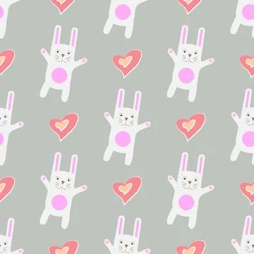 Gentle print. Seamless pattern Funny cartoon white rabbit with heart. Illustrazione stock