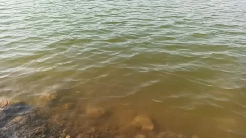 Gentle ripples moving across shallow lake water near a rocky shoreline Stock Footage 345480703