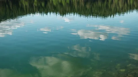 Gentle ripples reflecting white clouds and evergreen forest on the crystal clear Stock Footage 342404073