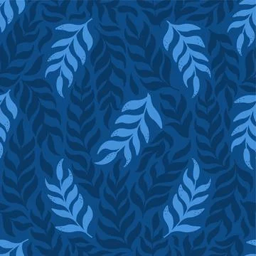 Gentle seamless pattern with  branches of leaves on dark blue background Stock Illustration