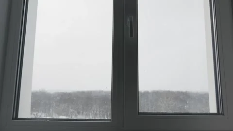 Gentle Snowfall Seen Through Window Overlooking a Winter Forest Landscape Stock Footage 327611265
