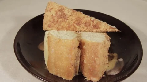 Gentle sponge cake with banana layer. Homemade festive dessert Stock Footage 70211900
