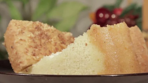 Gentle sponge cake with banana layer. Homemade festive dessert Stock Footage 70212331