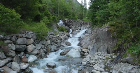 Gentle stream flows through rocky terrain in a tranquil forested valley during Video stock 314076595