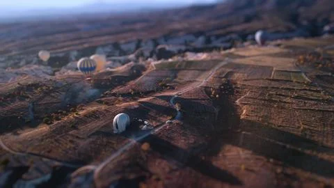 Gentle thermal currents guide single balloons over tranquil patchwork fields Foto stock