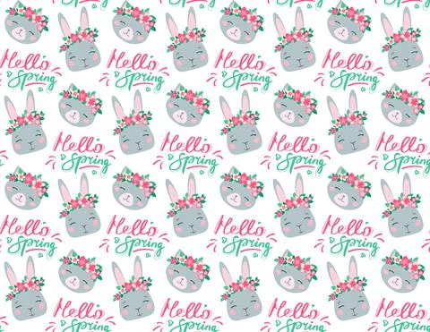 Gentle vector seamless pattern with bunnies and kats. Rabbits and kittens in Stock Illustration