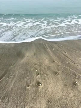 Gentle waves roll onto a sandy beach, leaving behind a smooth surface with sm Stock Photos