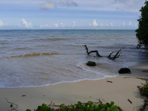 Gentle waves rolling against the soft white sands of Micro Beach, Saipan, N.. Stock Photos