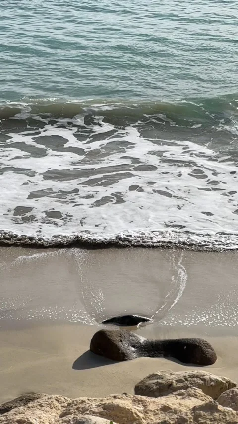 Gentle waves washing onto a sandy beach with smooth rocks in slow motion Stock Footage 297373586