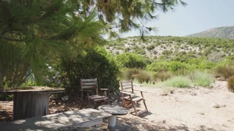 Gentle wind moving branches over empty chairs Stock Footage 289663405