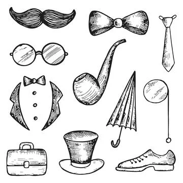 Gentleman set objects set vector sketches Stock Illustration