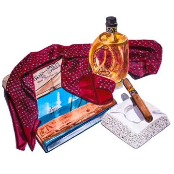 Gentleman's set . Bottle, cigar, book, silk scarf. Handmade watercolor painting Illustrazione stock