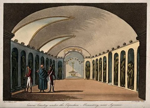 Gentlemen visiting the vaults in the Capuchin tombs of Palermo. Coloured aq.. Ilustración de archivo