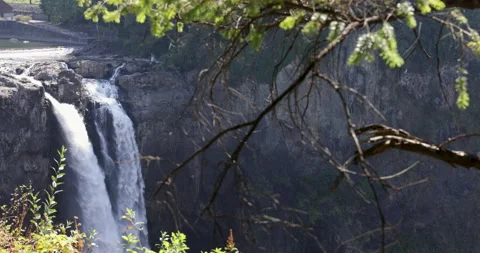 Gently blowing tree branches and frame the beautiful waters of Snoqualmie Falls Stock Footage 211783326