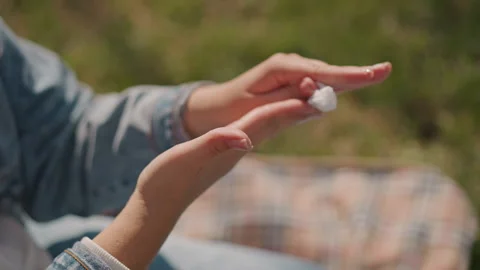 Gently massaging sunscreen into hands during outdoor picnic relaxing moment Stock Footage 346544820