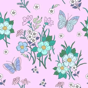 A gently pastel pattern of blooming summer flowers and butterflies. Backgroun Stock Illustration