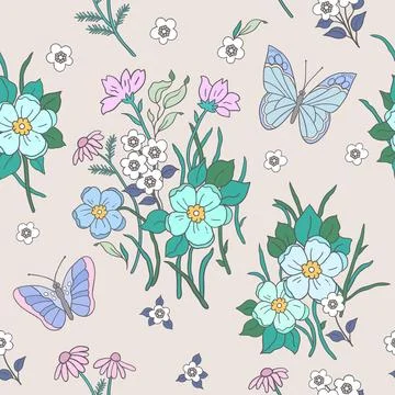 A gently pastel pattern of blooming summer flowers and butterflies. Backgroun Stock Illustration
