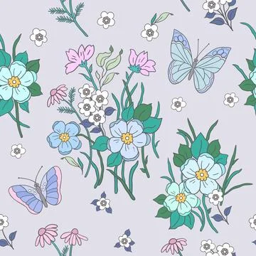 A gently pastel pattern of blooming summer flowers and butterflies. Backgroun Stock Illustration