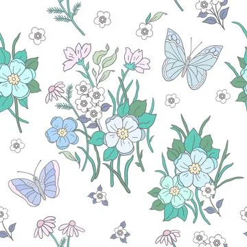 A gently pastel pattern of blooming summer flowers and butterflies. Backgroun Stock Illustration