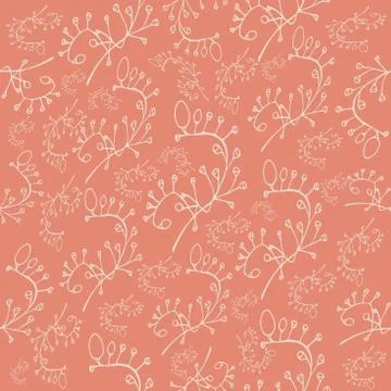 Gently pink color pattern with white branches with sketch berries Stock Illustration