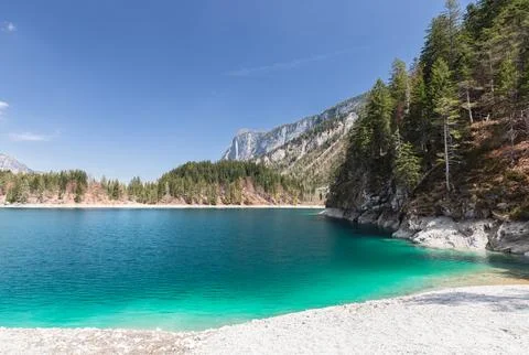 Gently sloping and sometimes steep shores of an alpine Tovel lake with emeral Stock Photos
