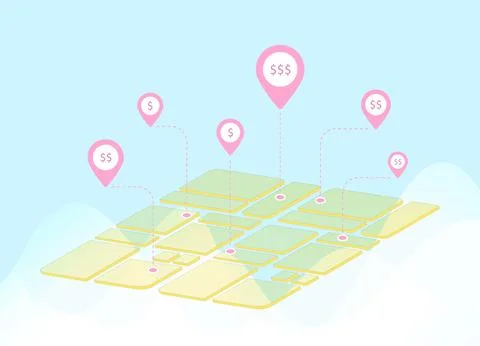 Gentrification and relocation concept. Map in isometric view with red pins Illustrazione stock