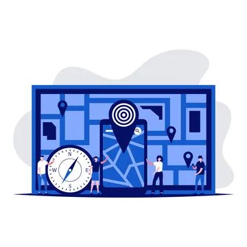 Geo location, navigation concept with character. Cartography mapping, disco.. Stock Illustration