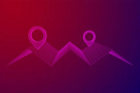 Geo map pin with folding map wireframe mesh Stock Illustration