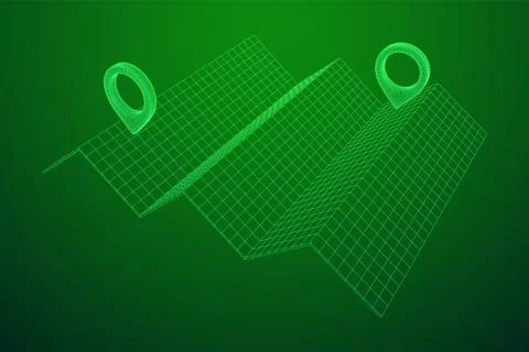 Geo map pin with folding map wireframe mesh Stock Illustration