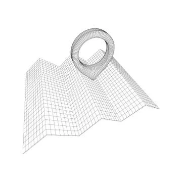 Geo map pin with folding map wireframe mesh Stock Illustration