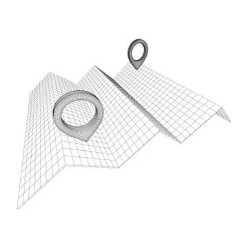 Geo map pin with folding map wireframe mesh Stock Illustration