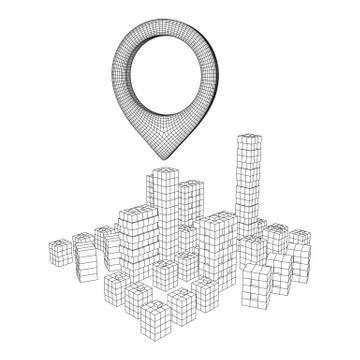 Geo map pin on Mesh Cubes City Array wireframe mesh Ilustración de archivo