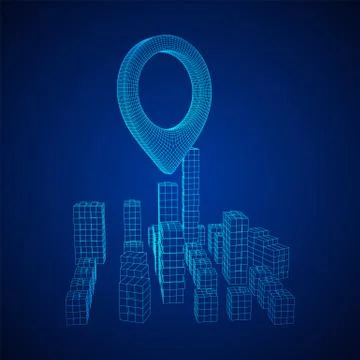 Geo map pin on Mesh Cubes City Array wireframe mesh Stock Illustration
