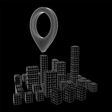 Geo map pin on Mesh Cubes City Array wireframe mesh Illustrazione stock