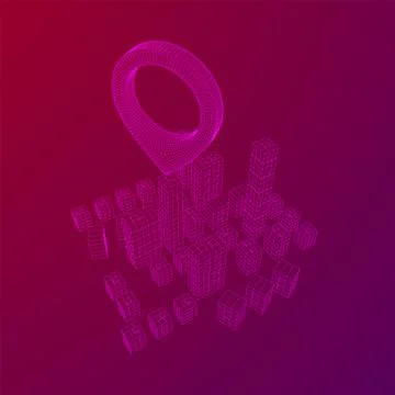 Geo map pin on Mesh Cubes City Array wireframe mesh Illustrazione stock