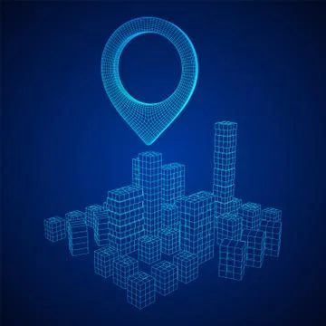 Geo map pin on Mesh Cubes City Array wireframe mesh Stockillustratie