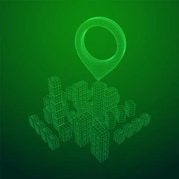 Geo map pin on Mesh Cubes City Array wireframe mesh Illustrazione stock