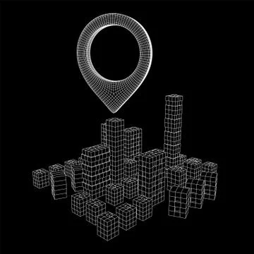 Geo map pin on Mesh Cubes City Array wireframe mesh Stock Illustration