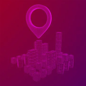 Geo map pin on Mesh Cubes City Array wireframe mesh Stock Illustration