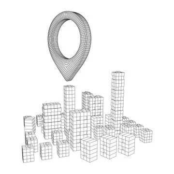 Geo map pin on Mesh Cubes City Array wireframe mesh Illustrazione stock