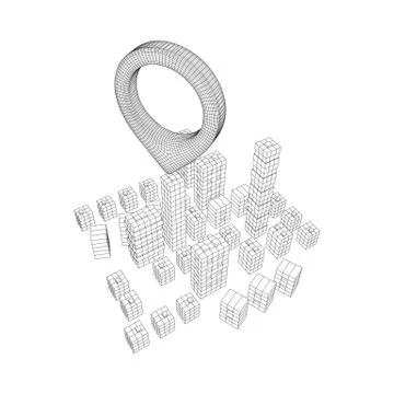 Geo map pin on Mesh Cubes City Array wireframe mesh Illustrazione stock