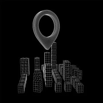 Geo map pin on Mesh Cubes City Array wireframe mesh Illustrazione stock
